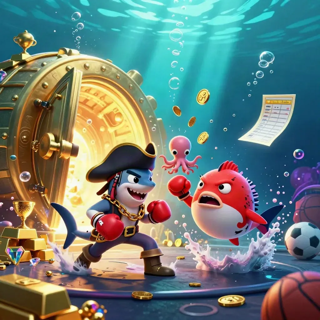 Pirate shark, pufferfish, and octopus amid treasure, coins, balls, and glowing underwater light