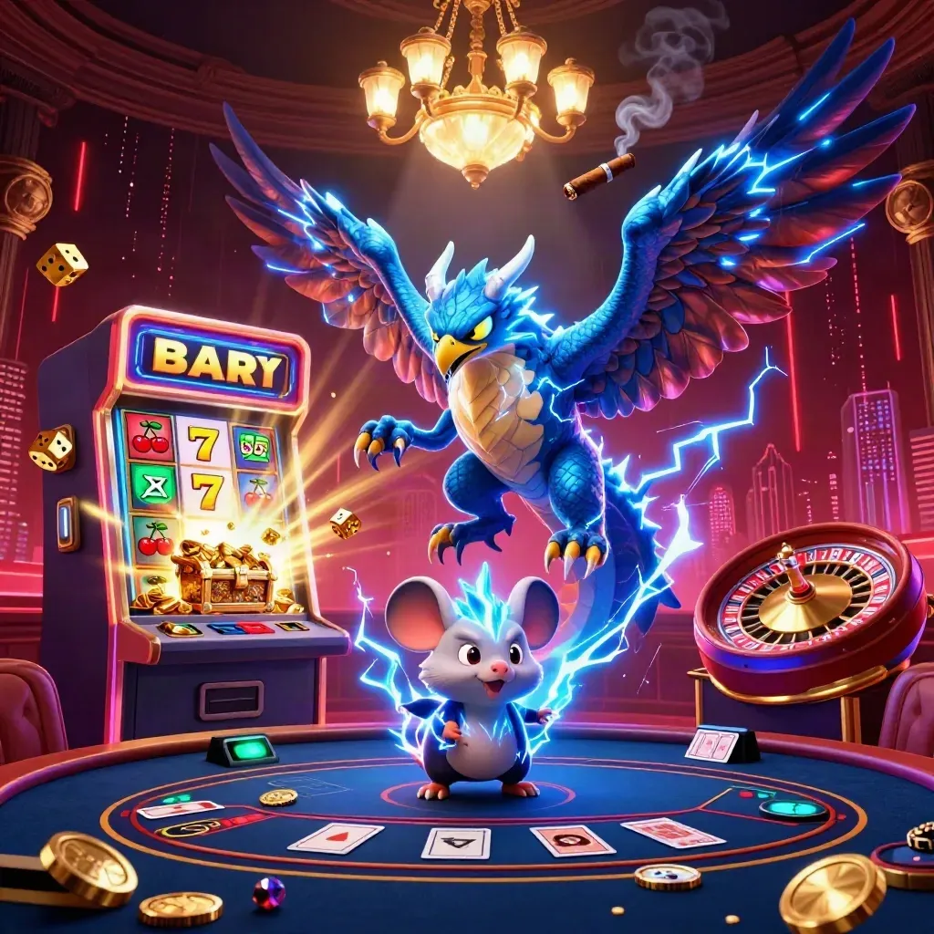 Lightning dragon, wind hawk and thunder-mouse amid jackpot slot, gold and neon casino glow.