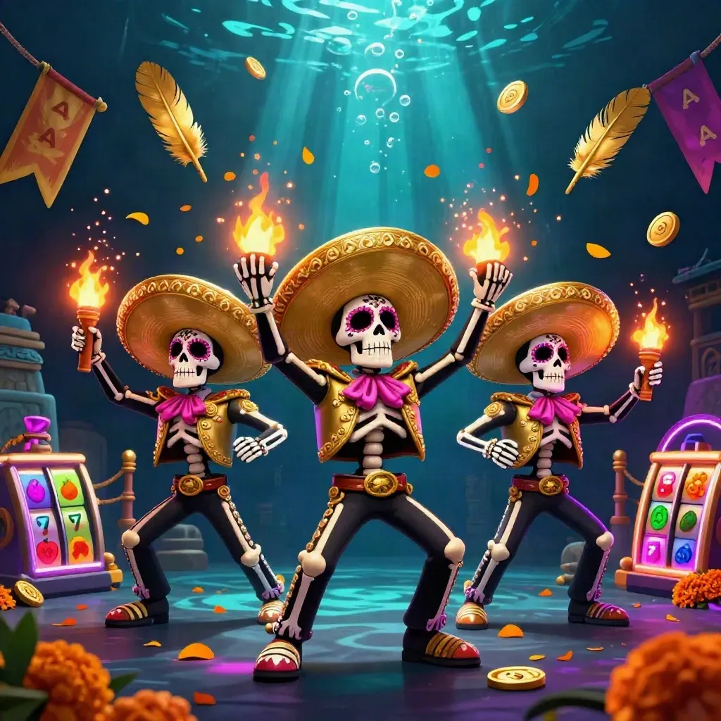 Skeleton mariachi trio in neon underwater casino chaos with gold coins, banners, and glowing slot icons.