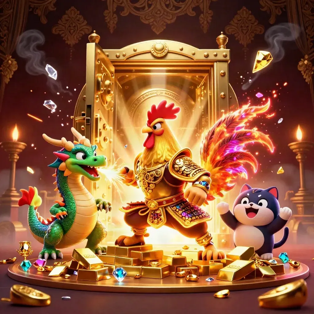 Rooster warrior, dragon hatchling, and fortune-cat burst from a glowing vault amid gold and gems.