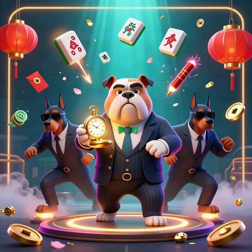 Bulldog mafia boss with two Dobermans amid glowing coins, lanterns, petals, and underwater light rays.