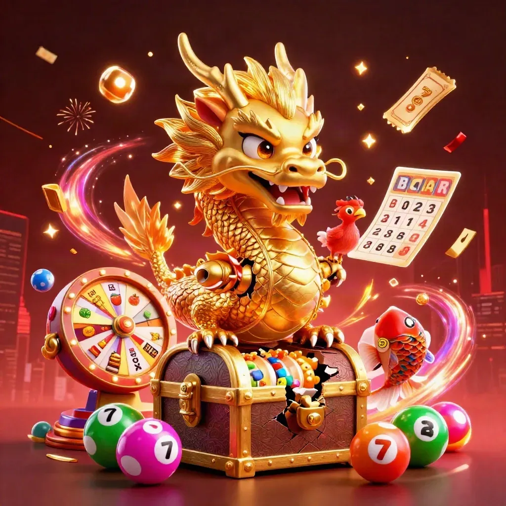 Golden dragon, phoenix, koi and casino props explode from a treasure chest in neon light.