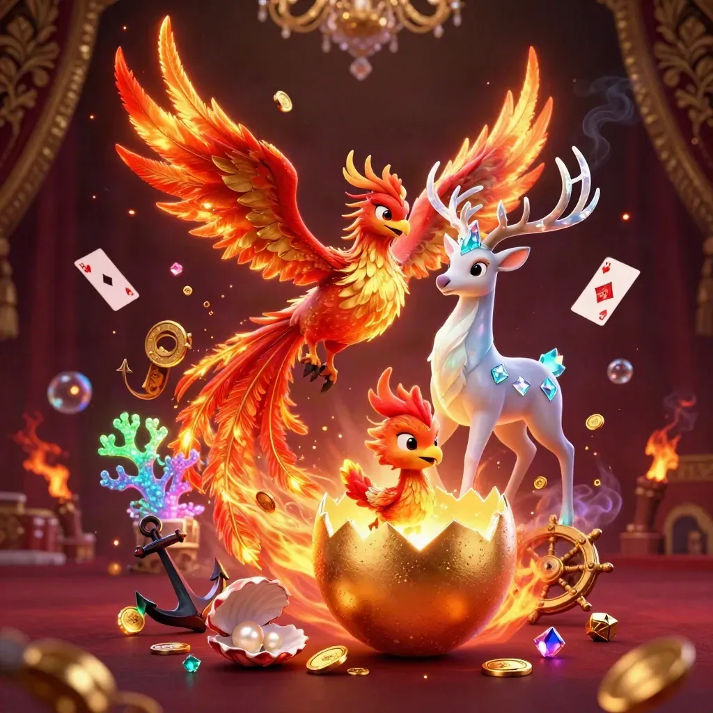 Fire phoenix, hatching baby phoenix, and crystal stag amid treasure and coral in a neon casino cove