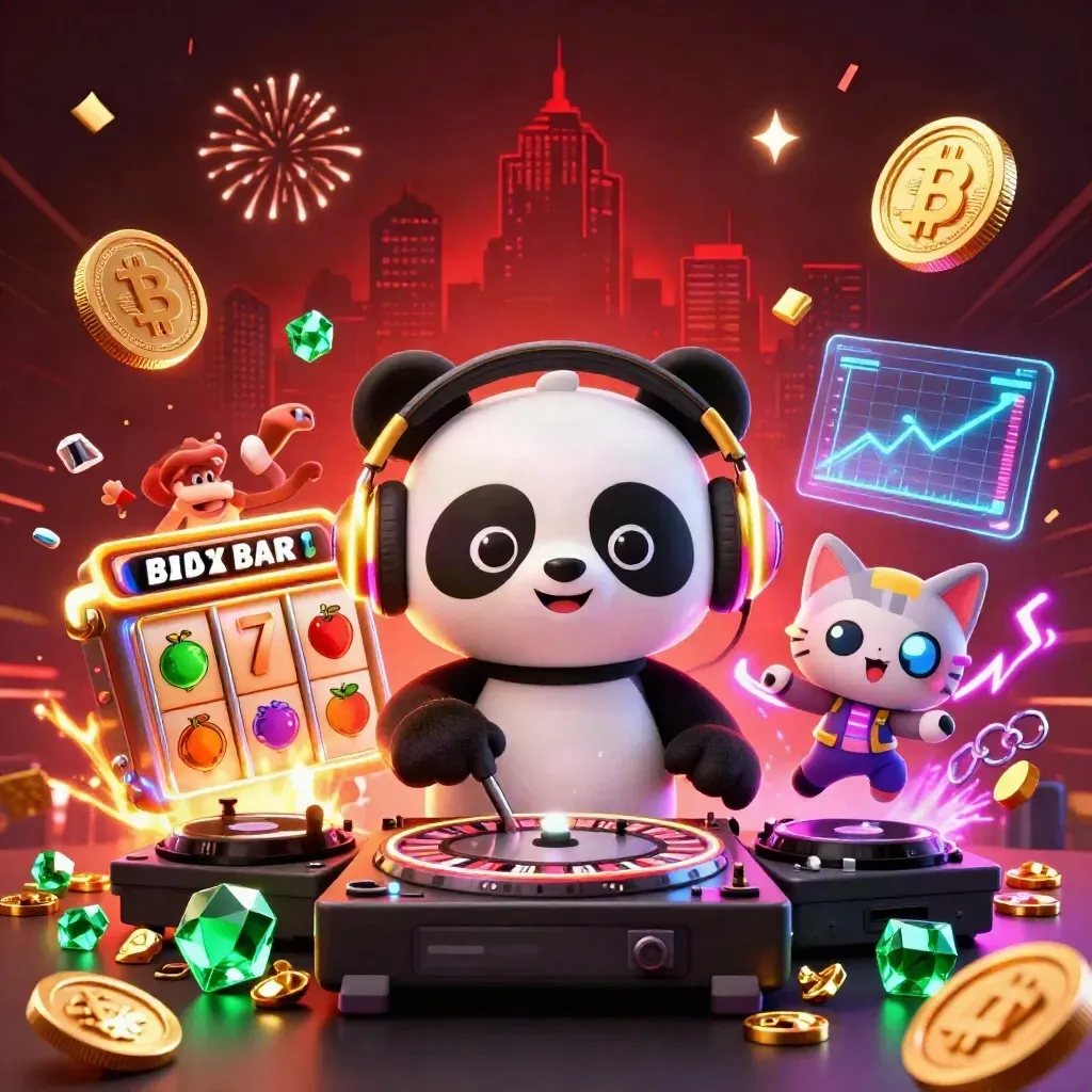 DJ panda, breakdancing monkey, and glow-stick kitten amid neon coins and slot symbols