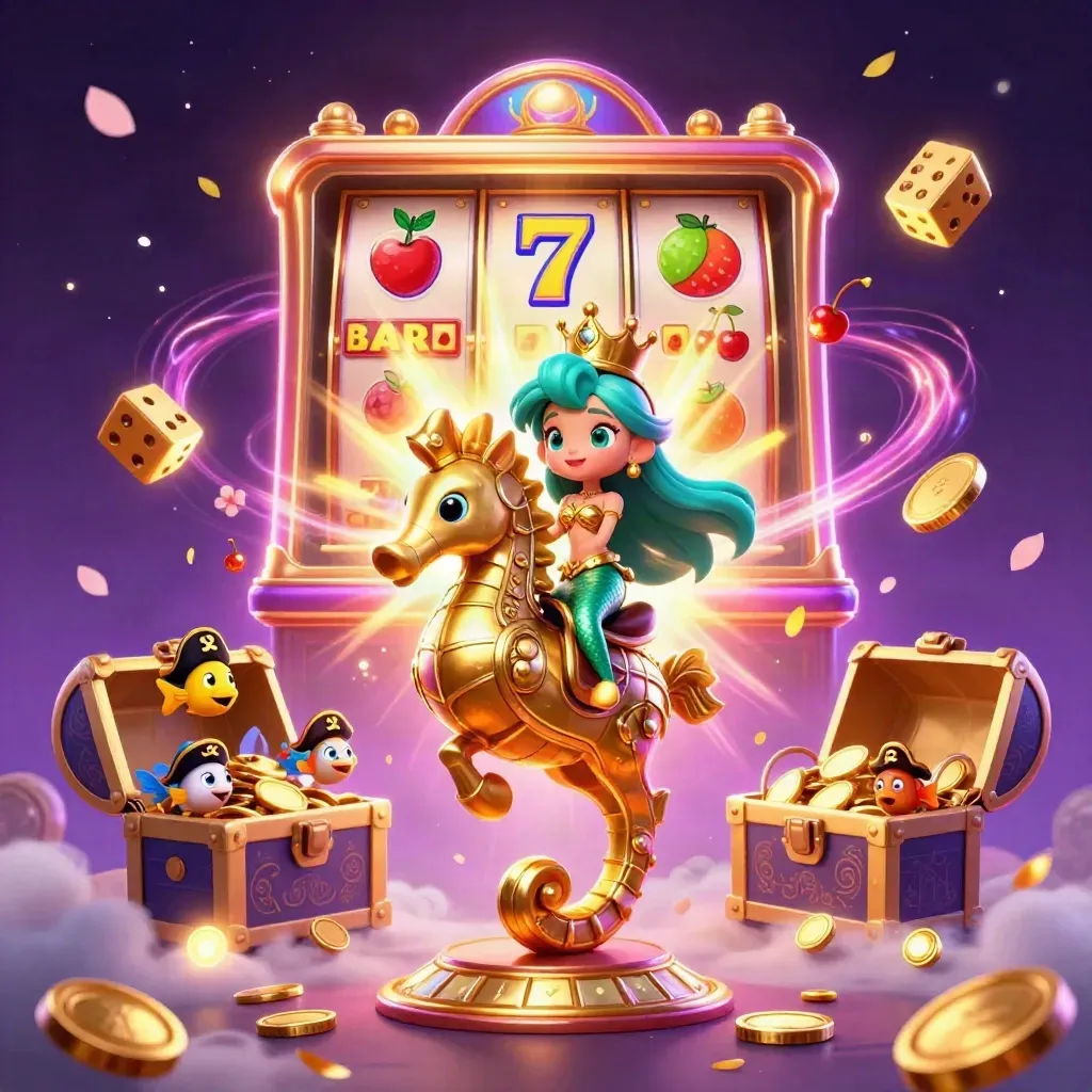 Mermaid princess on golden seahorse amid bursting slots, coins, fish, and magical casino effects.
