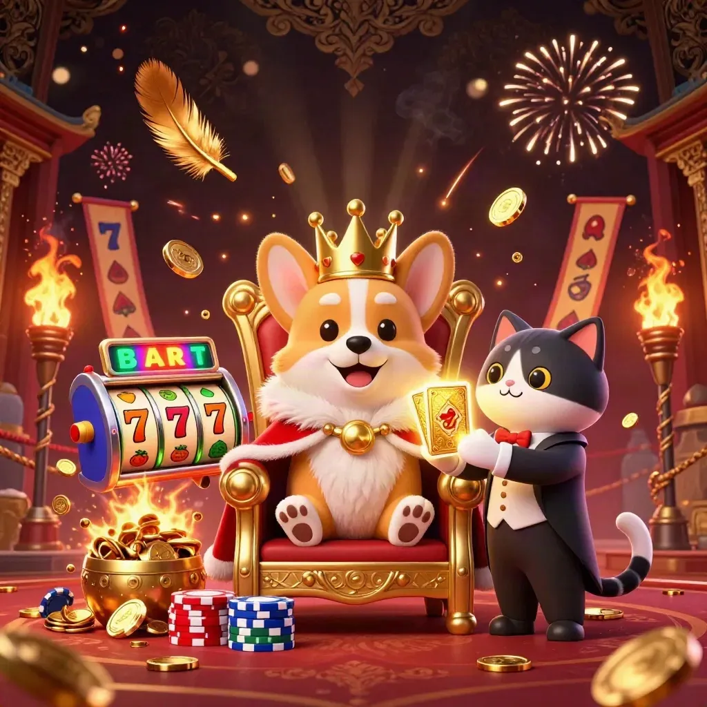 Royal corgi and cat butler amid casino gold, slot reels, fireworks, and temple-inspired luxury glow.