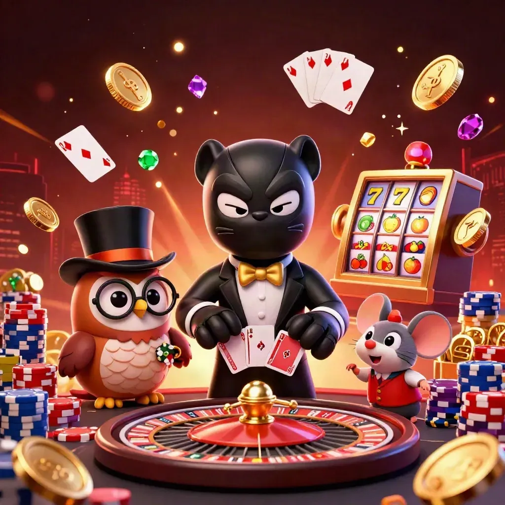 Panther, owl, and mouse amid coins, cards, roulette wheel, fireworks, and neon casino glow.