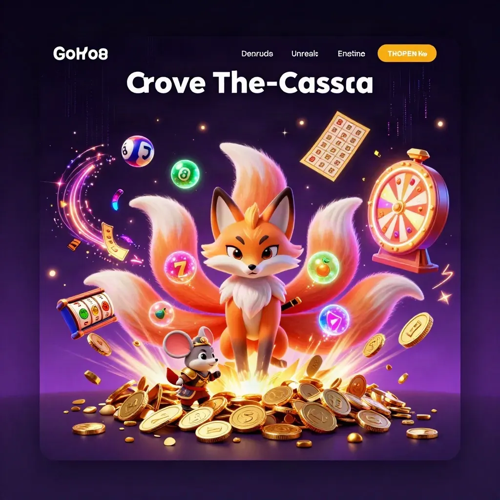 Neon fox spirit and armored mouse amid coins, reels, fireworks, and glowing casino effects.