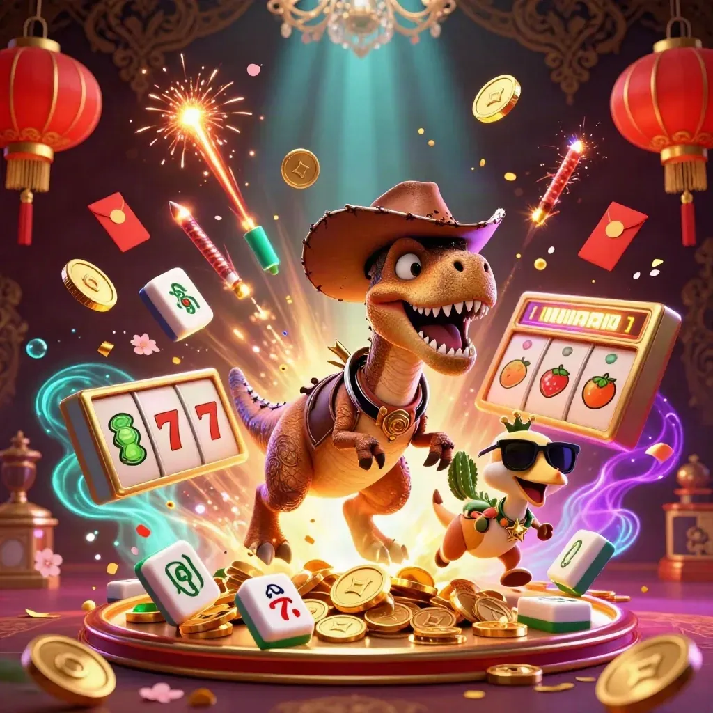 Cartoon T-Rex cowboy trio bursting with coins, lanterns, reels, and neon casino energy