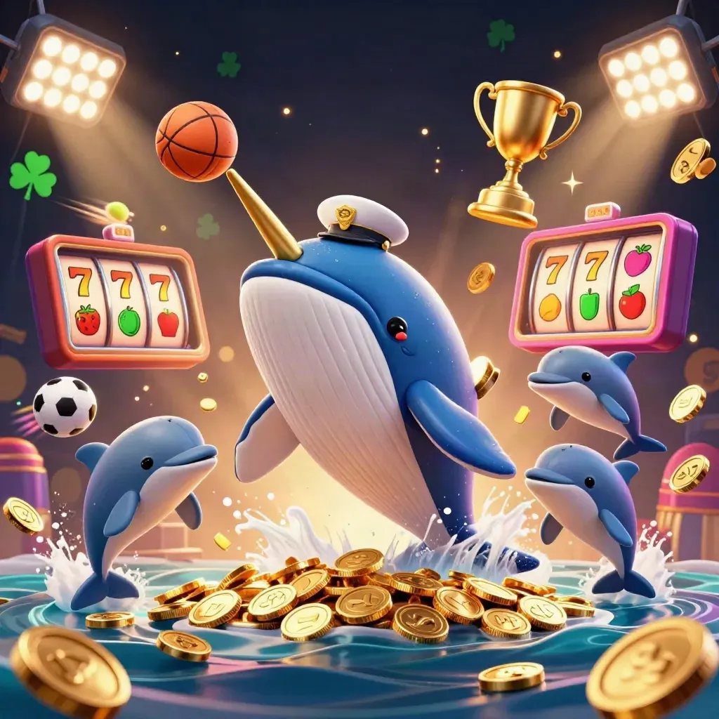Whale captain, narwhal, and dolphins burst through coins with neon casino effects.
