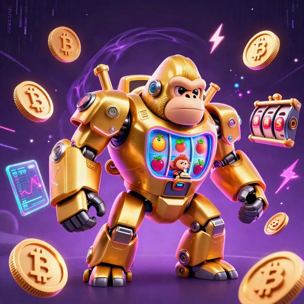 Golden gorilla mech with monkey pilot, slot reels, coins, lightning, neon casino glow.