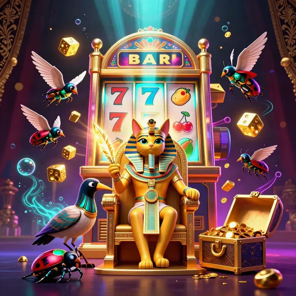 Pharaoh cat, ibis scribe, and gem scarabs amid exploding slot machine and treasure