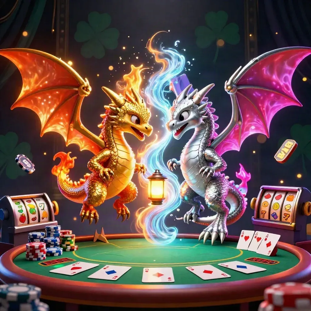 Two intertwined dragons amid cards, chips, reels, and a lantern spirit in neon casino lighting.