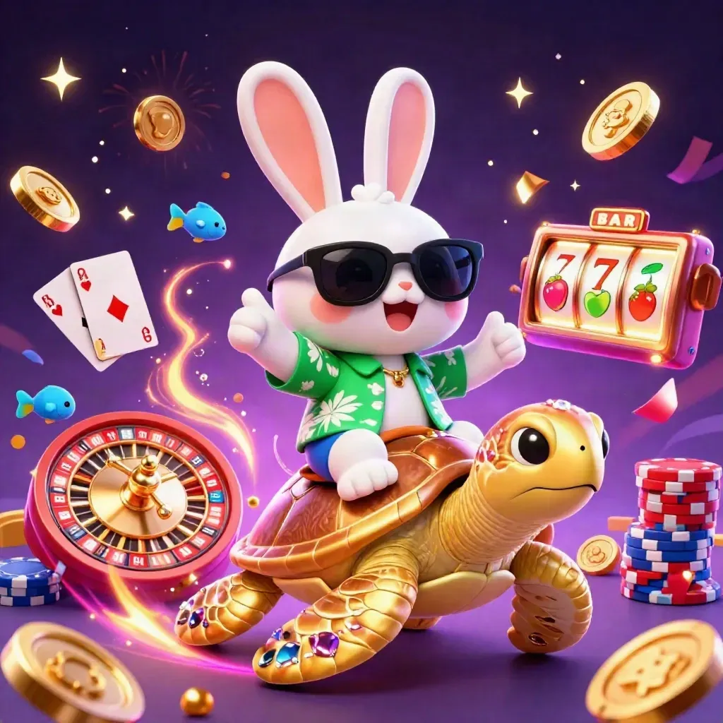 Lucky rabbit on a golden sea turtle amid casino chips, cards, coins, gems and neon swirls