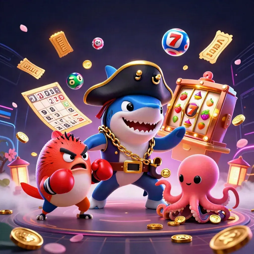 Pirate shark, boxing pufferfish, and juggling octopus amid neon casino effects.