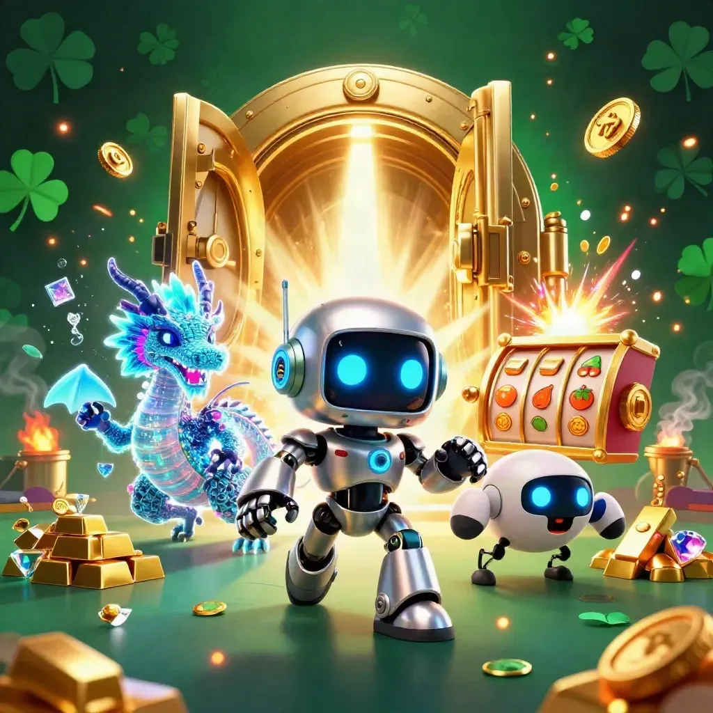 Cyberpunk robot, holographic dragon and coin drone burst from a glowing vault with casino loot.