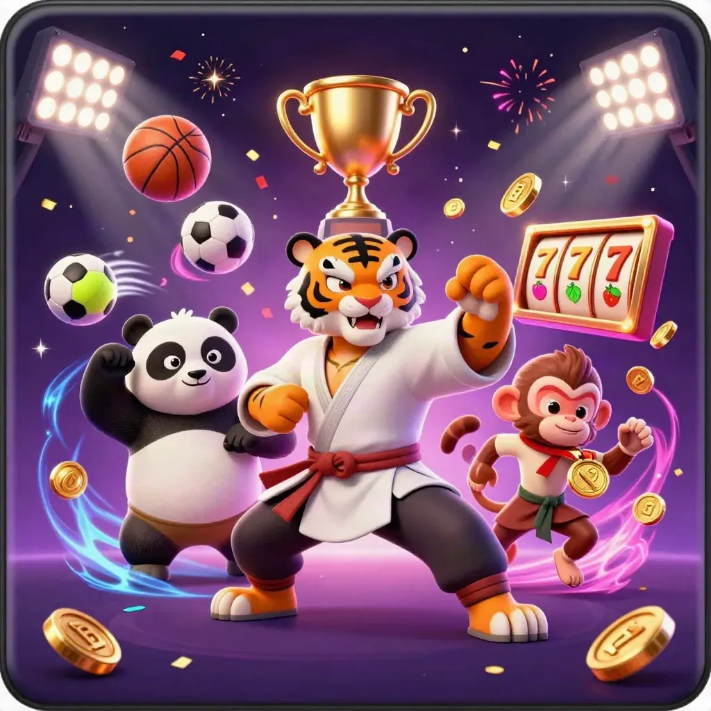 Tiger master, panda and monkey amid casino gold, coins, slot symbols and neon sparks.