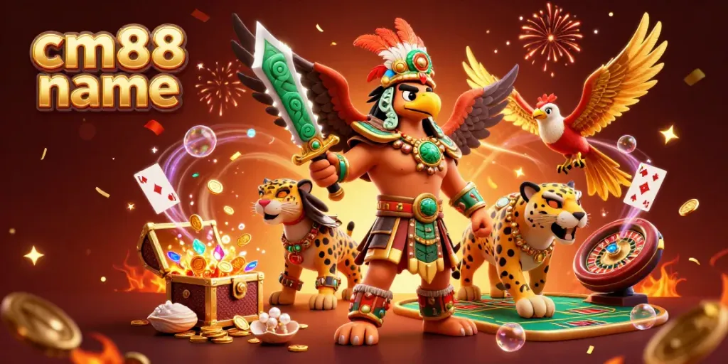 Engage with cm88 name as Aztec warriors celebrate winning at the casino with treasures everywhere.
