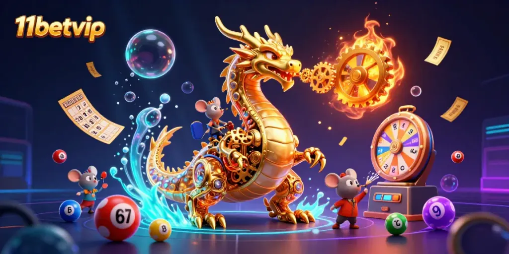 Experience thrilling gameplay at 11betvip with a dynamic scene of a golden dragon and vibrant lottery elements.