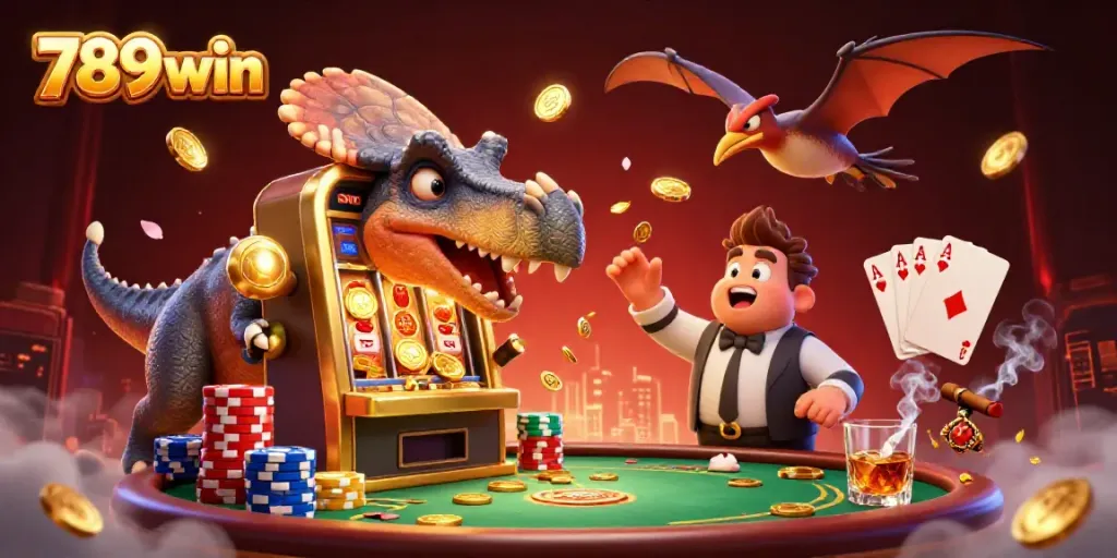 Experience the excitement at 789win with a colorful casino scene featuring playful dinosaurs and golden jackpots.