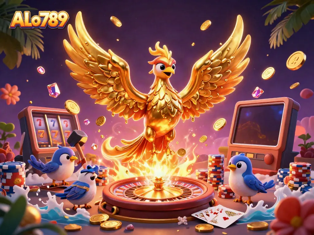 Experience ALo789's immersive online gaming with a molten golden phoenix rising among golden coins and poker elements.