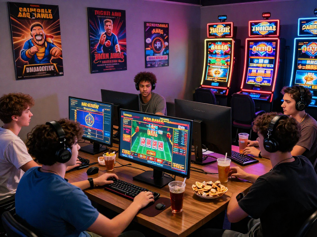 Giocatori che si divertono con casino non aams, mostrando schermi vivaci e giochi di carte.