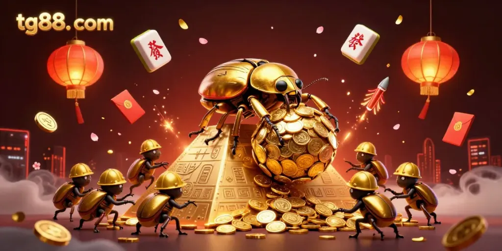 Engage in fun at tg88. com with a vibrant 3D casino illustration featuring golden dung beetles, coins, and festive elements.