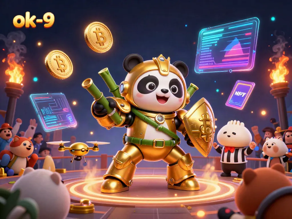 Engage with the thrilling action of ok-9's mech-suit panda battling in a vibrant casino arena filled with crypto elements.