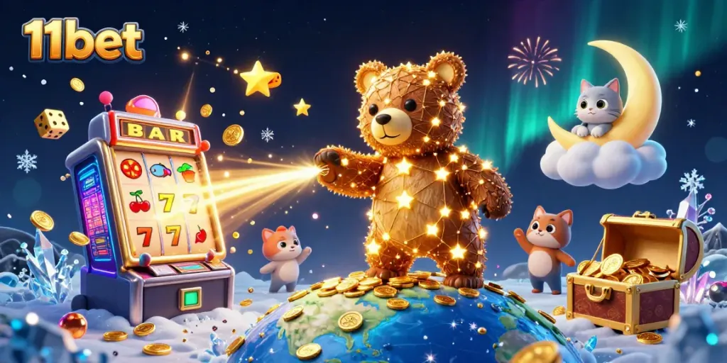 Experience the excitement of 11bet with a constellation bear and jackpot slot visuals.