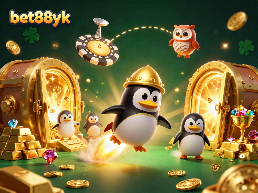 Bet88yk casino adventure with golden coins, a penguin, and a poker chip space station.
