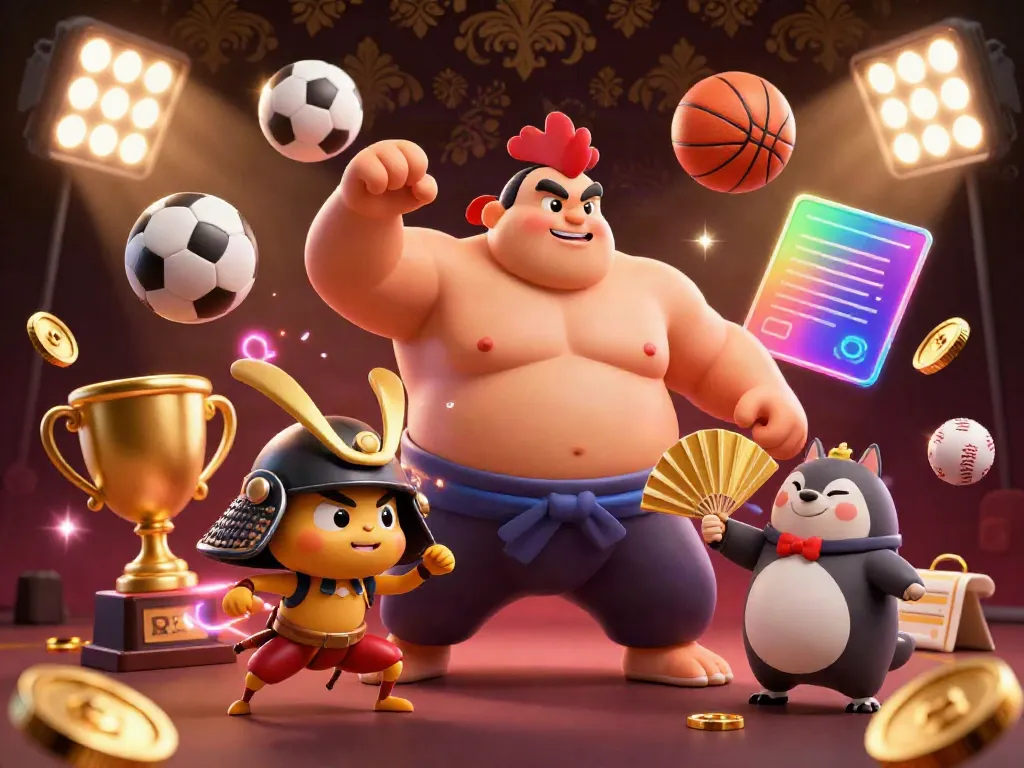 Engage with nk88 in an electrifying casino scene featuring a sumo wrestler rooster and dynamic sports elements.