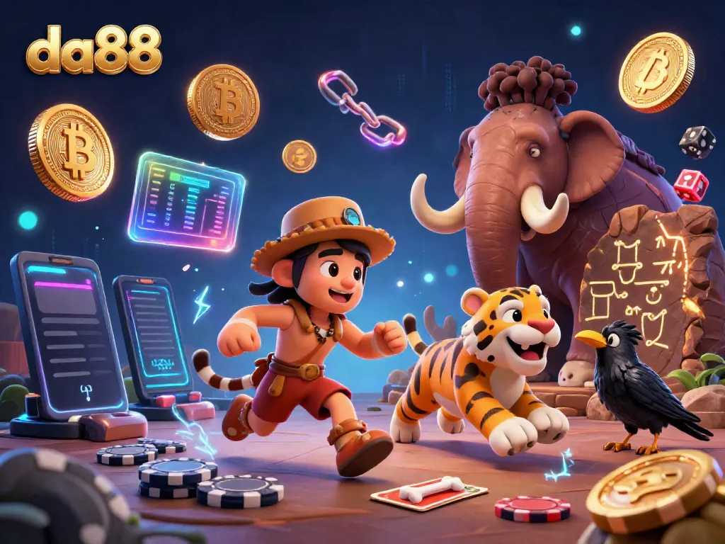 Experience the excitement of da88 with this vibrant prehistoric casino scene featuring 3D characters and digital elements.