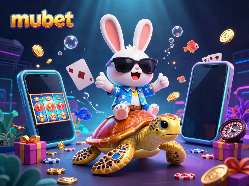 Engage with the mubet experience featuring a lucky rabbit and a golden turtle amidst vibrant casino elements.
