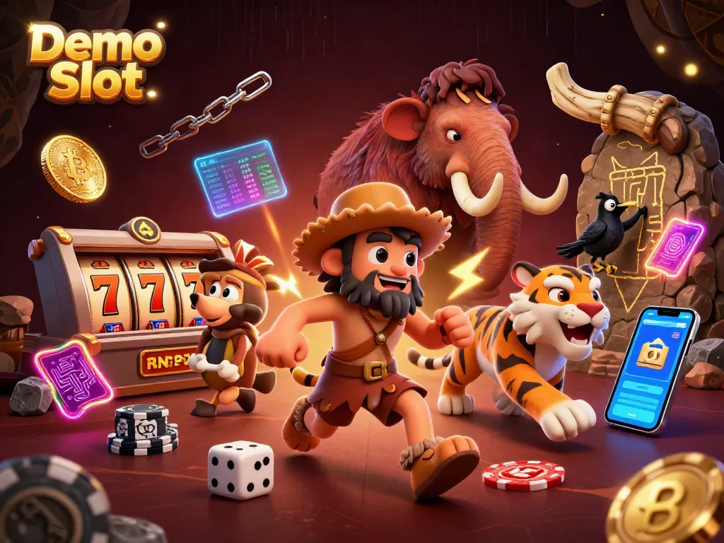 Engage with Demo Slot by experiencing vibrant prehistoric casino action amidst neon treasures.