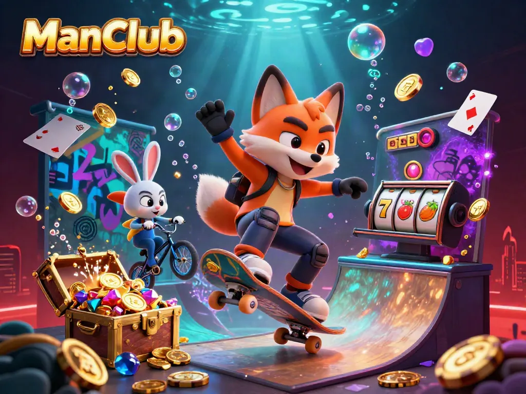 Experience thrilling gameplay with ManClub as a fox performs a kickflip over golden poker chips.