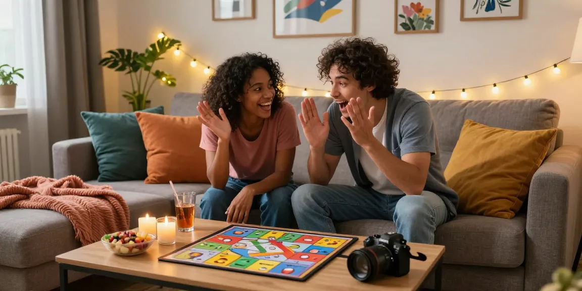 Couple enjoying a sex game during a cozy evening in a well-decorated living room.