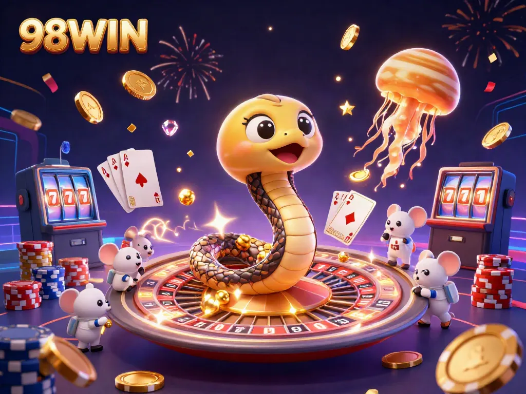 Experience 98WIN with vibrant casino-themed cosmic characters and celebratory elements.
