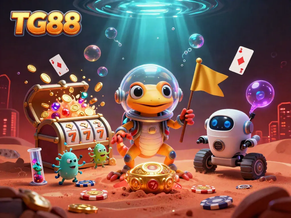 Engage with TG88's vibrant casino adventure featuring a Martian gecko and golden treasures.