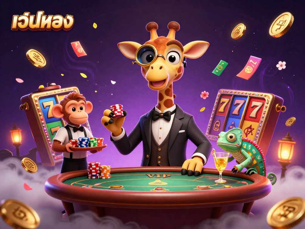 Experience เว็บตรง with a high-roller giraffe at a vibrant casino scene filled with slot reels and gold coins.