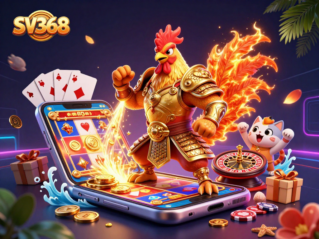 Experience thrilling action at SV368 with a dynamic casino gaming scene, featuring a valiant rooster warrior.