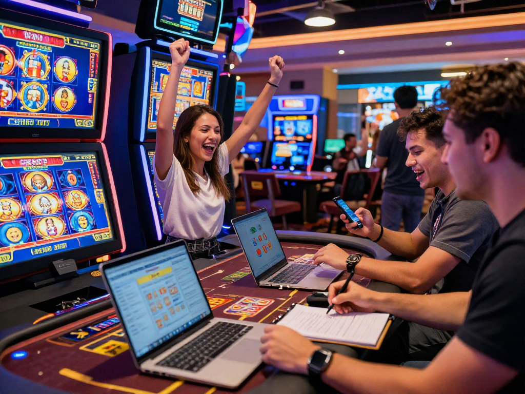 Gruppo di amici che festeggiano vincite al casino non AAMS online, atmosfera vivace e colori brillanti.