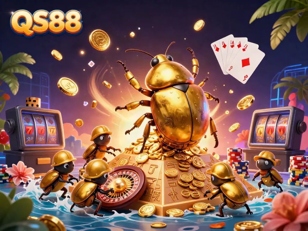 Experience thrilling gameplay at QS88 with a golden dung beetle rolling coins and casino symbols.