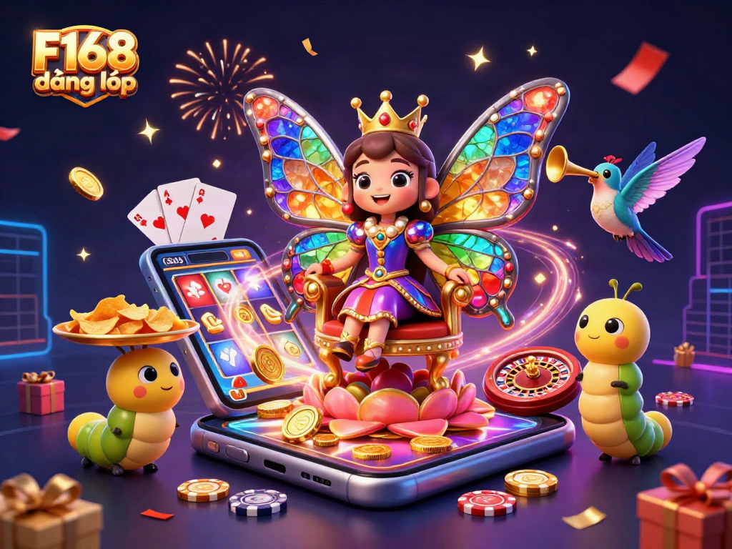 Experience F168 đăng nhập with the vibrant queen character, surrounded by casino game elements.