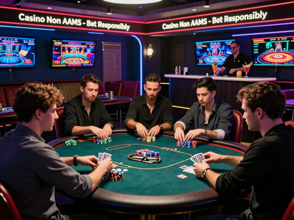 Atmosfera coinvolgente di un casino non AAMS con giocatori concentrati e cocktail serviti.