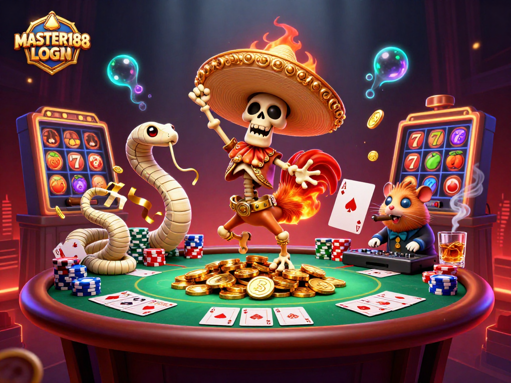 Experience the thrill of MASTER188 LOGIN with a vibrant casino scene featuring a dancing mariachi rooster, mummy snake, and DJ hamster amidst rich gaming elements.