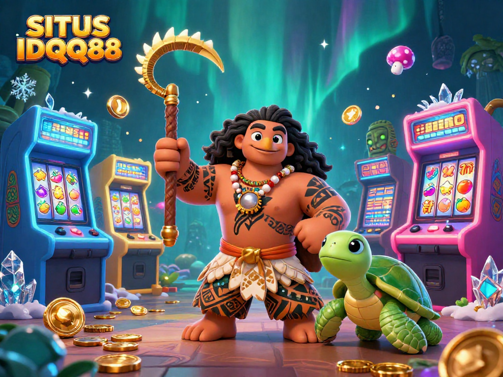 SITUS IDQQ88 showcases an adventurous demigod hawk surrounded by colorful slot symbols and arcade games.