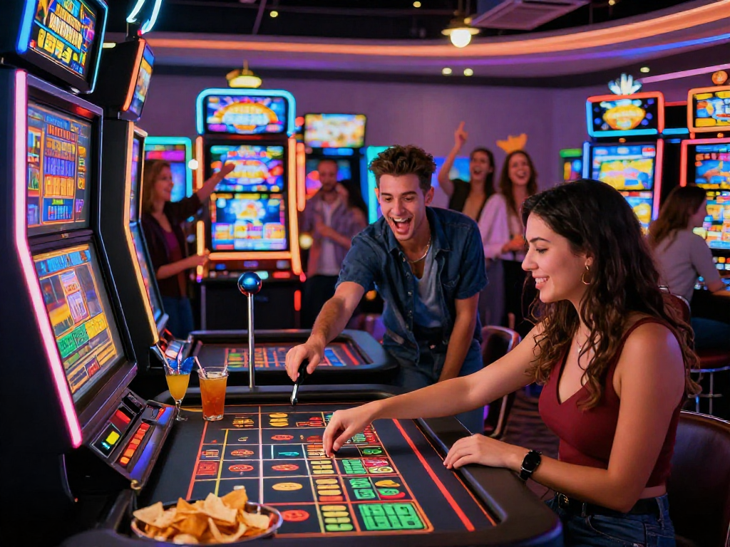 Gioco emozionante in un casino non aams, persone felici al tavolo della roulette digitale.