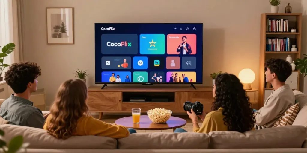 CocoFlix app in use on TV with friends streaming movies in a cozy living room.