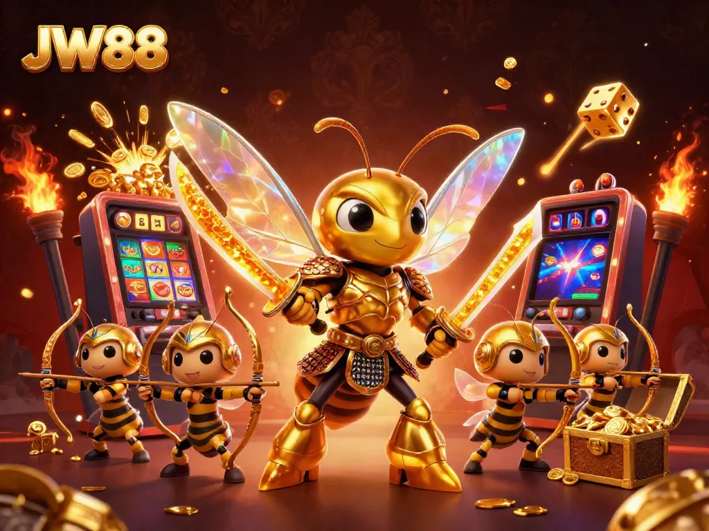 JW88 showcases exciting casino action featuring a golden hornet and dynamic slot elements.