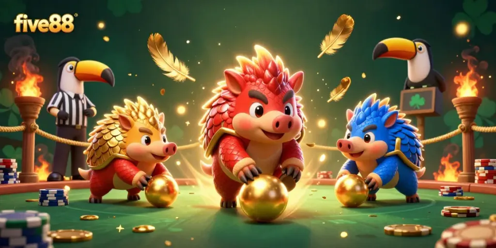 Play in the dynamic five88 casino scene with vibrant pangolins and golden casino elements.